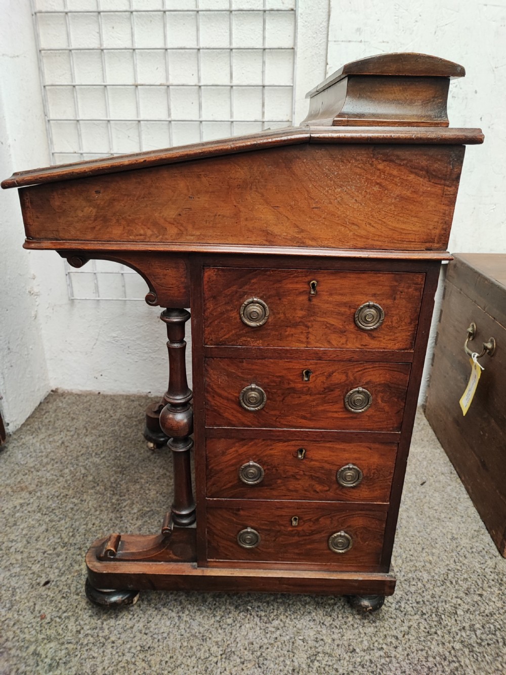 Victorian inlaid burr walnut Davenport. View IX