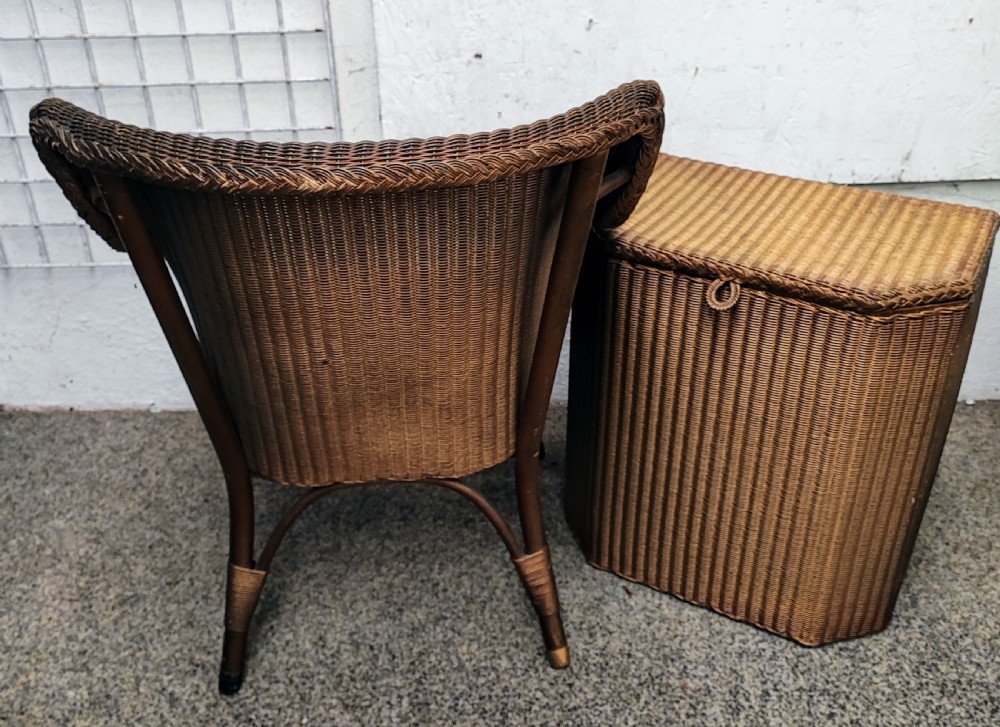 Antique Lloyd loom chair and laundry basket. View V