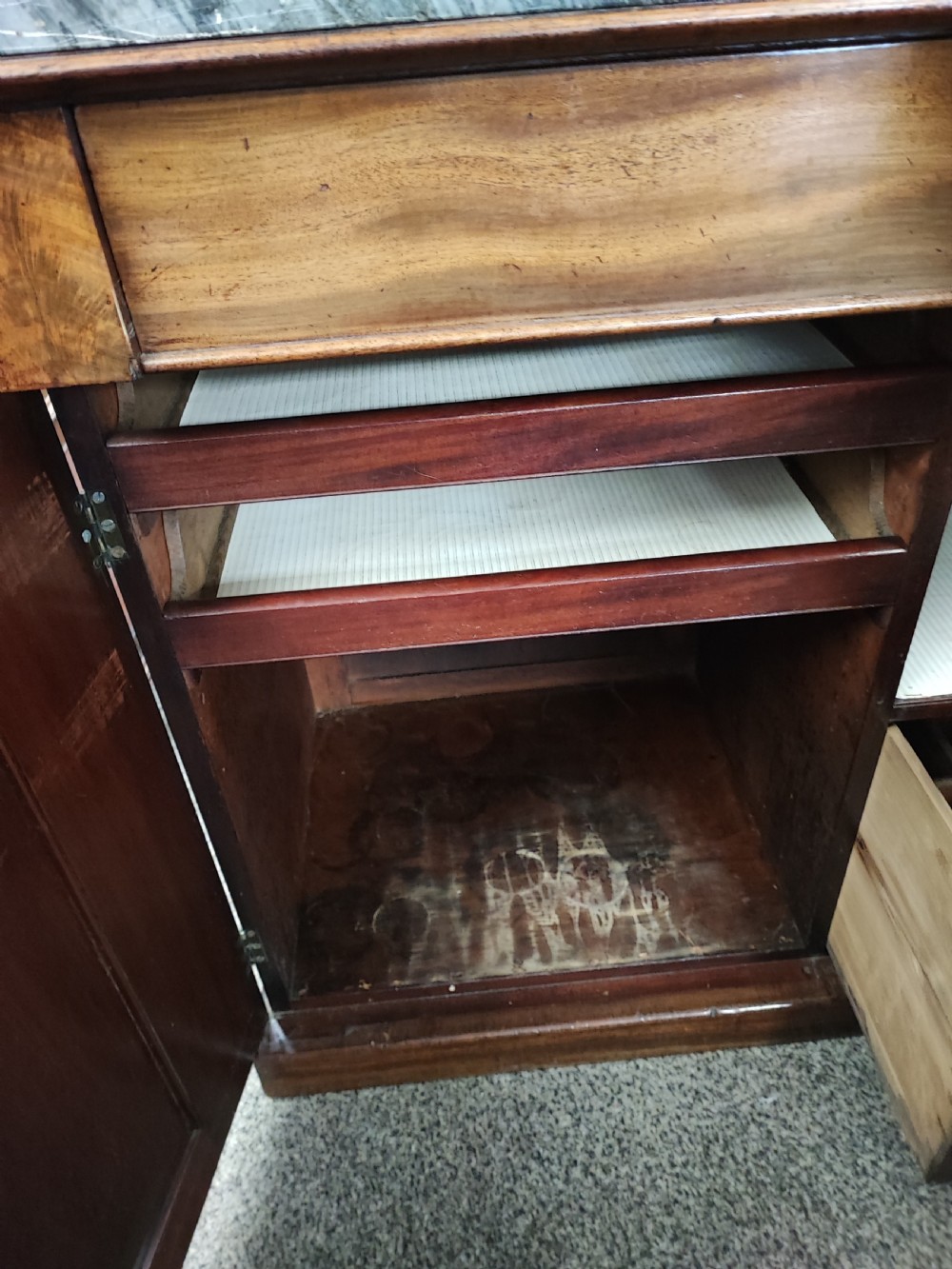 A fine Regency marble top mahogany side cabinet. View V