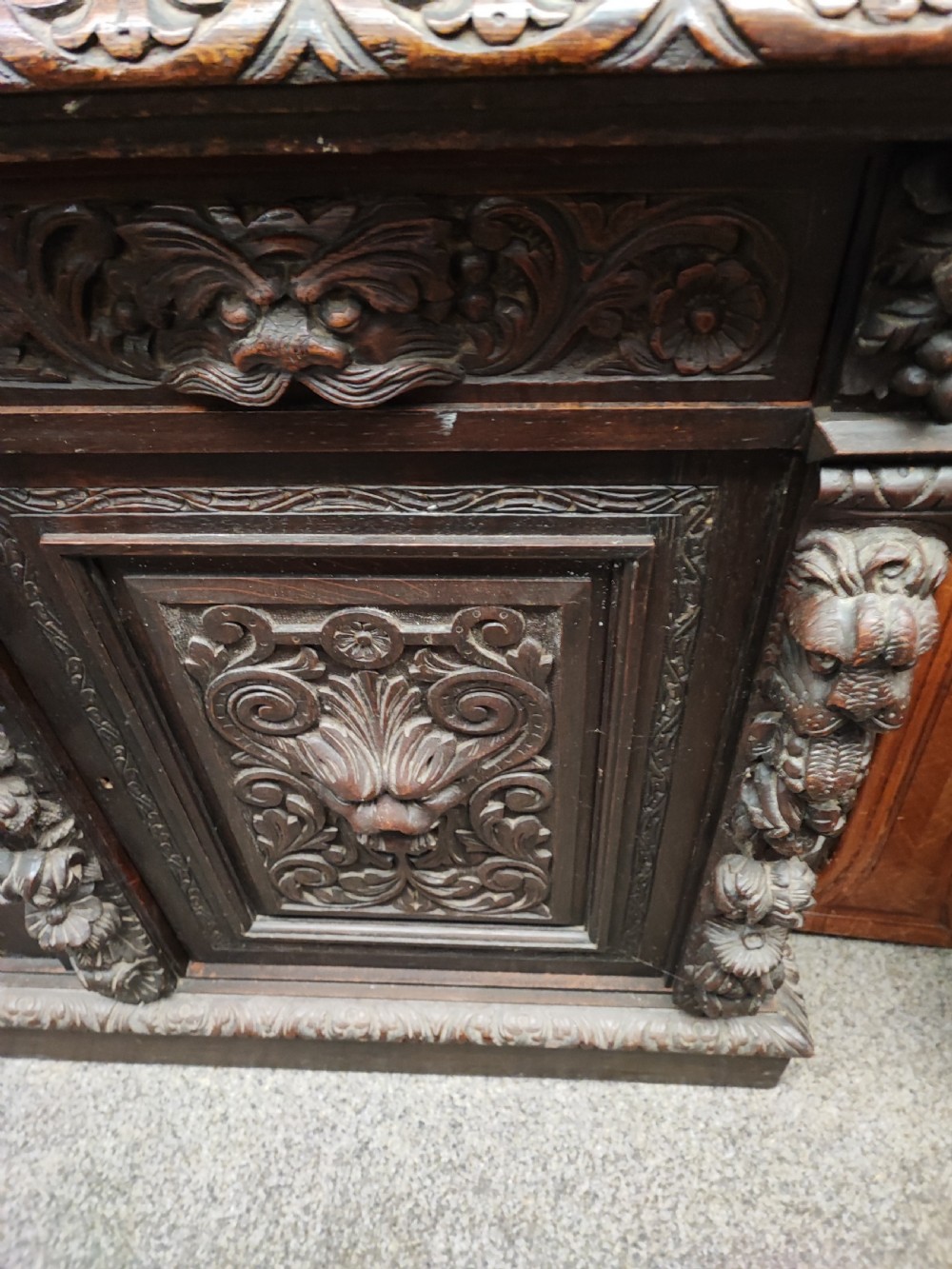 Victorian carved Green Man oak sideboard. View II