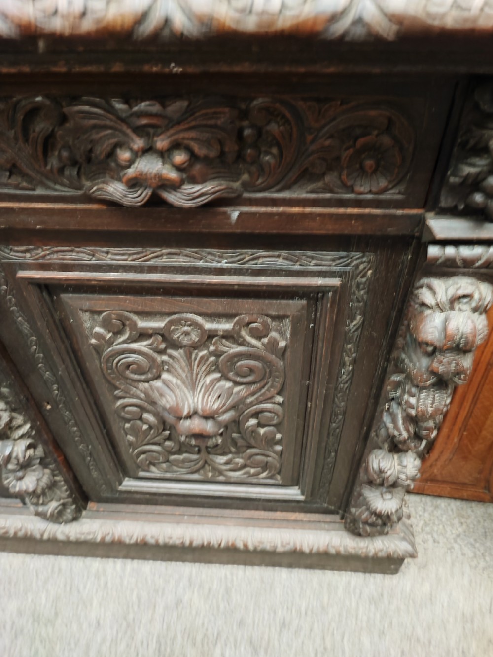 Victorian carved Green Man oak sideboard. View III