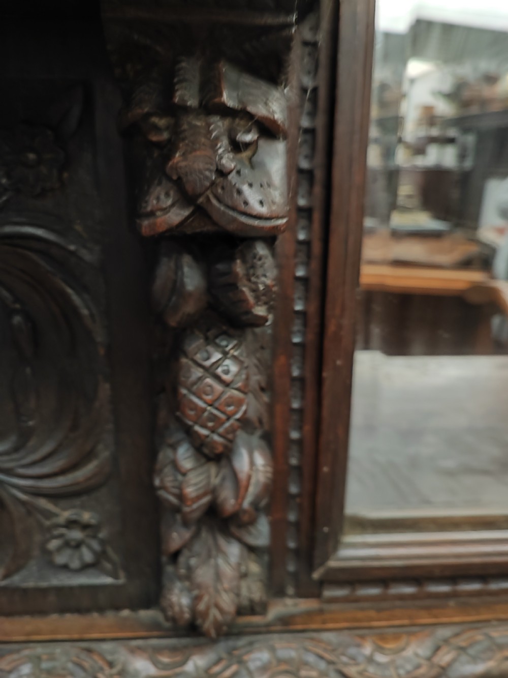 Victorian carved Green Man oak sideboard. View IV