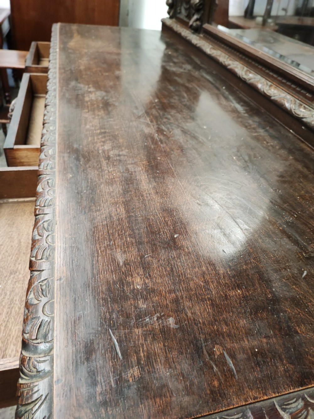 Victorian carved Green Man oak sideboard. View VII