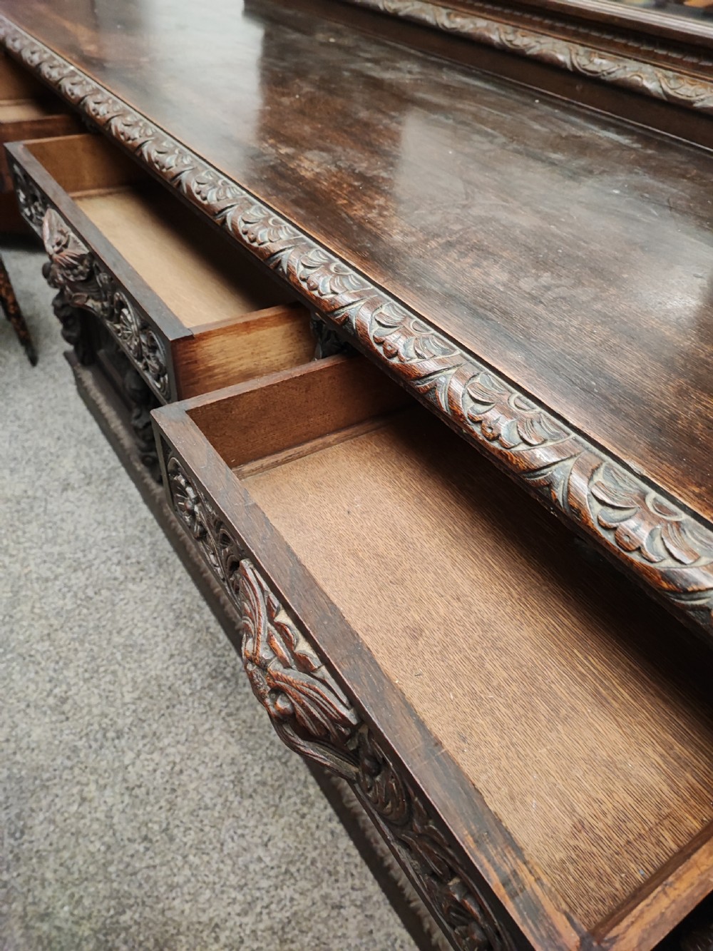 Victorian carved Green Man oak sideboard. View VIII