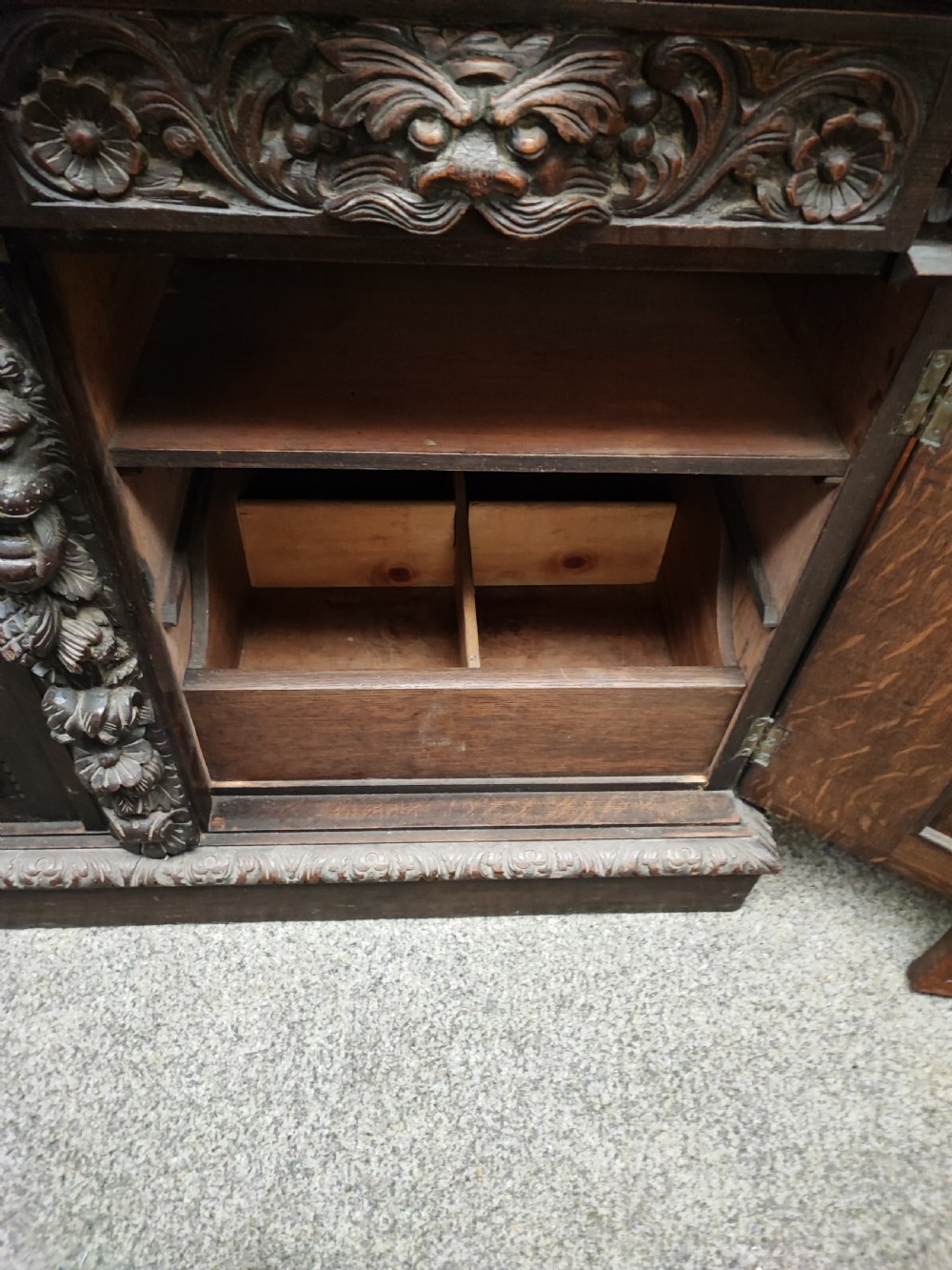 Victorian carved Green Man oak sideboard. View IX