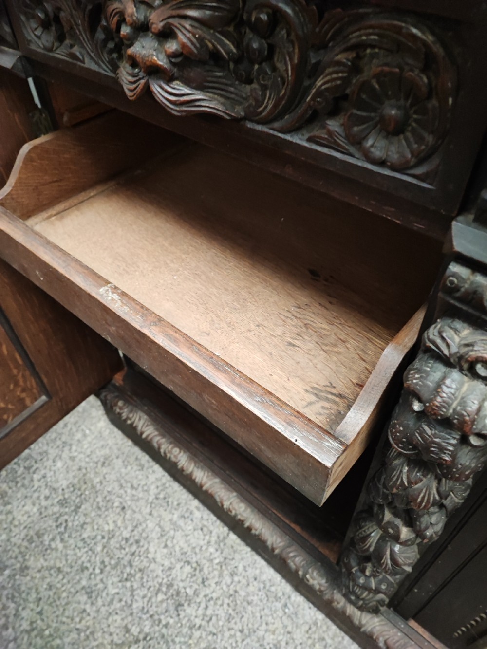 Victorian carved Green Man oak sideboard. View X