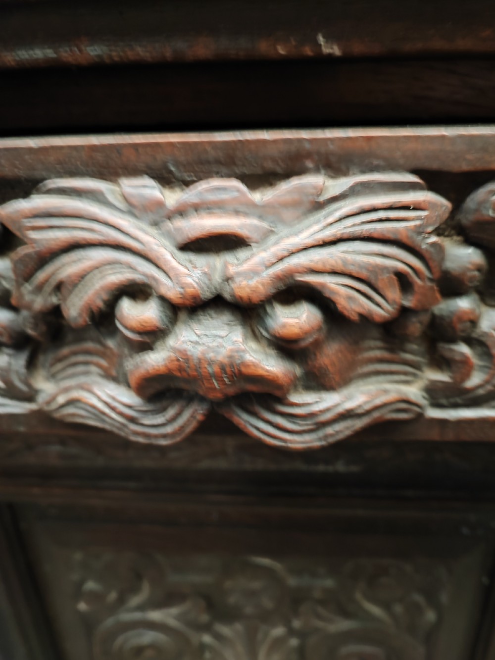 Victorian carved Green Man oak sideboard. View XI