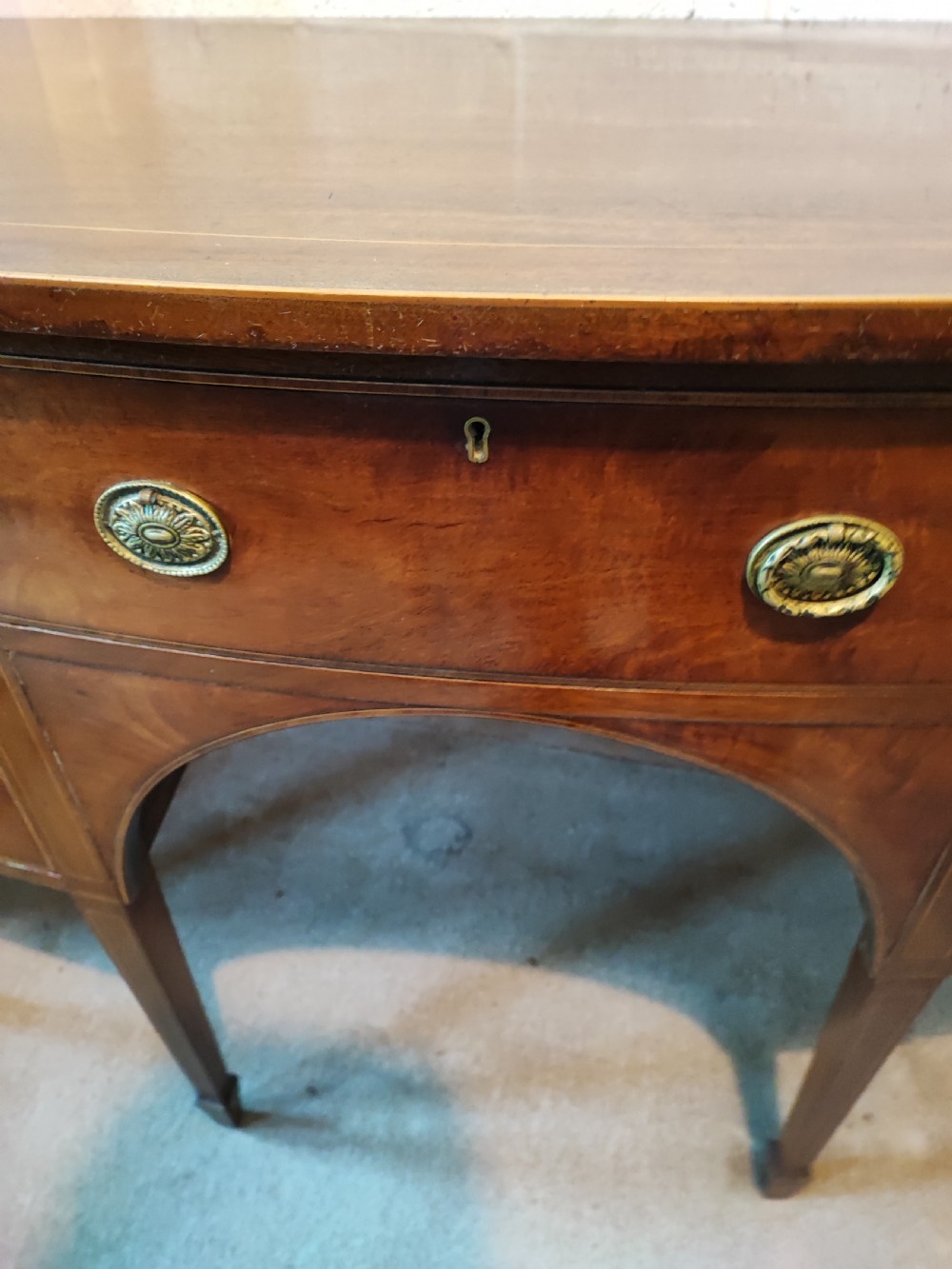 Antique inlaid mahogany bow front sideboard in the George III style. View III