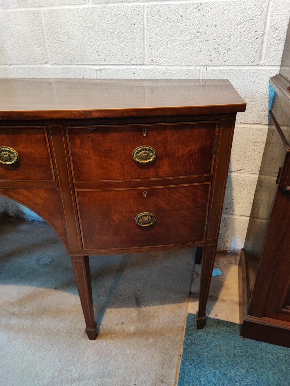 Antique inlaid mahogany bow front sideboard in the George III style. View IV