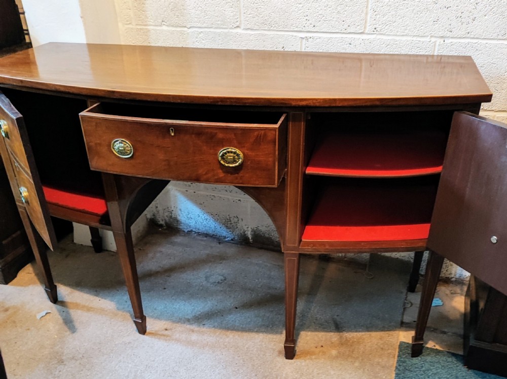 Antique inlaid mahogany bow front sideboard in the George III style. View V