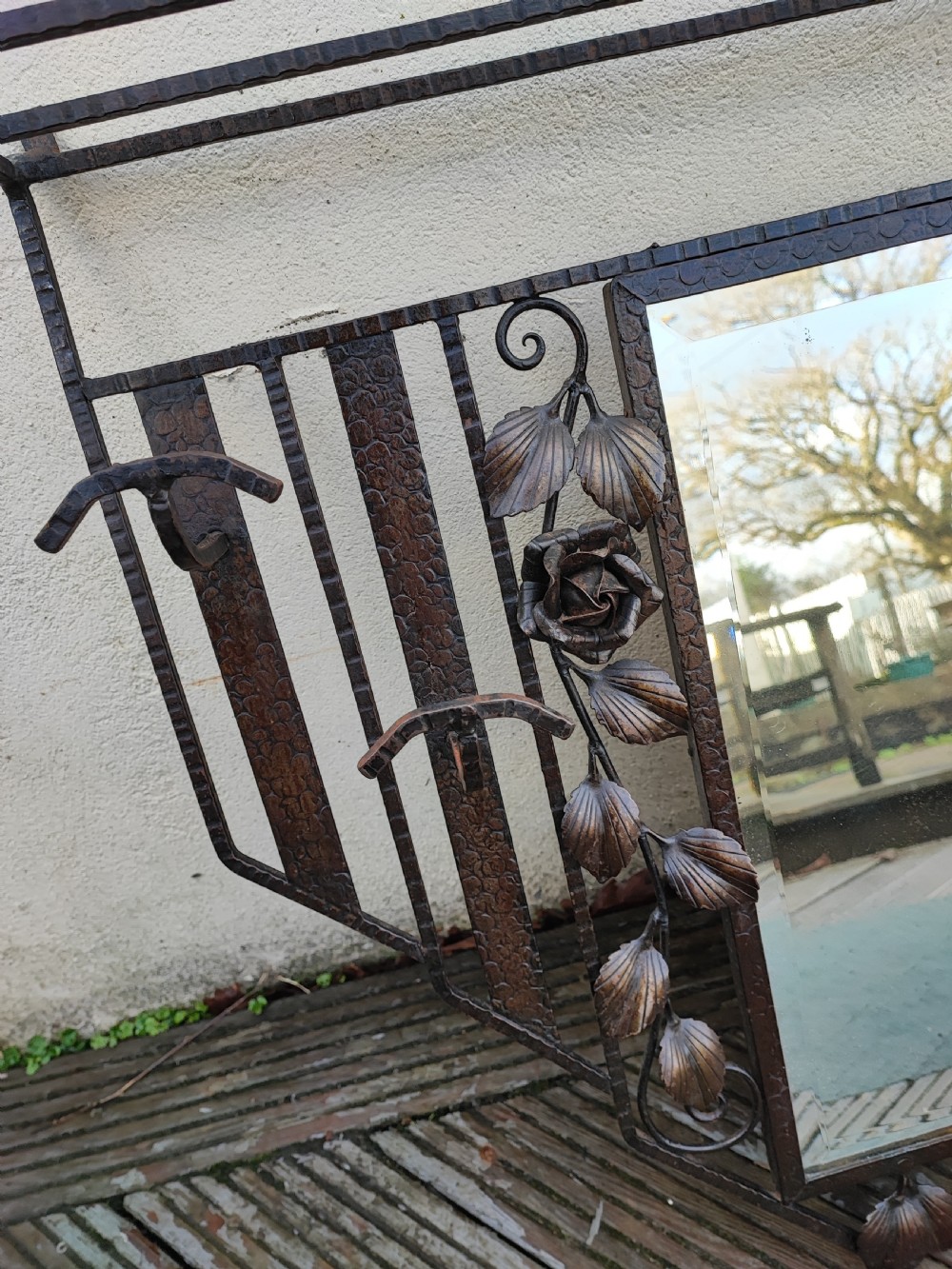 A good French bronzed art deco luggage hat and coat rack with mirror. View XI