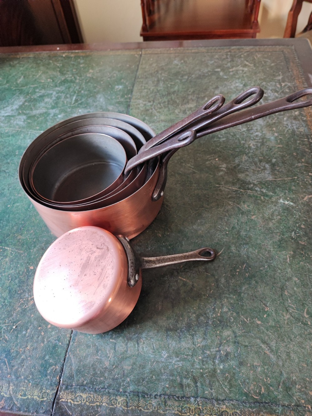 An antique Set of 5 French graduated copper and iron pans View XVI