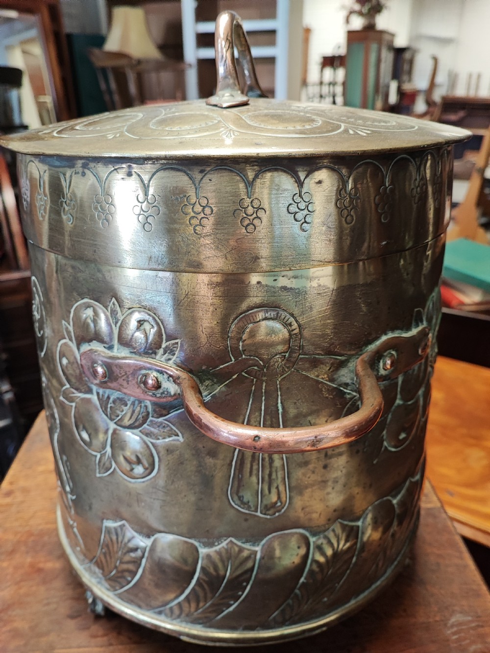 Antique brass armorial log or call bin View II