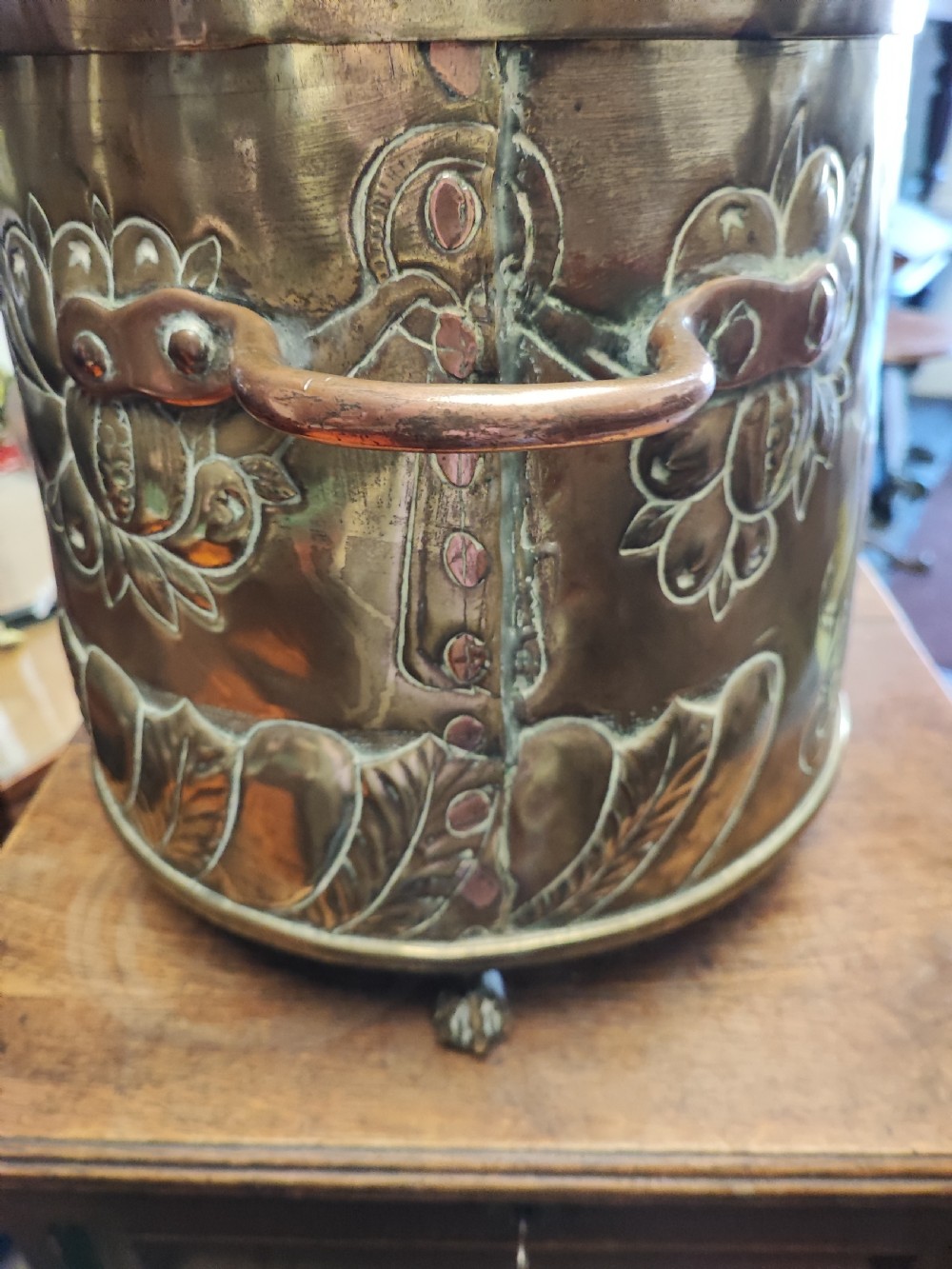 Antique brass armorial log or call bin View III