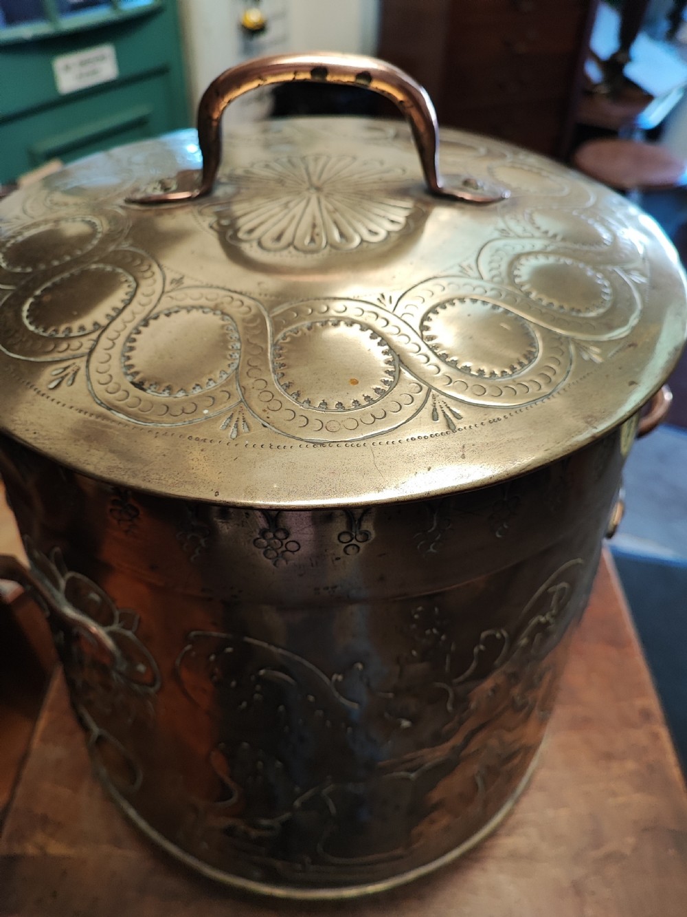 Antique brass armorial log or call bin View IV