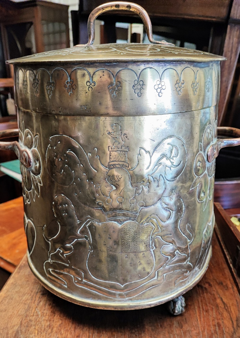 Antique brass armorial log or call bin View VI