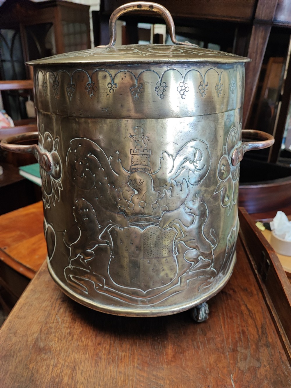 Antique brass armorial log or call bin View VII