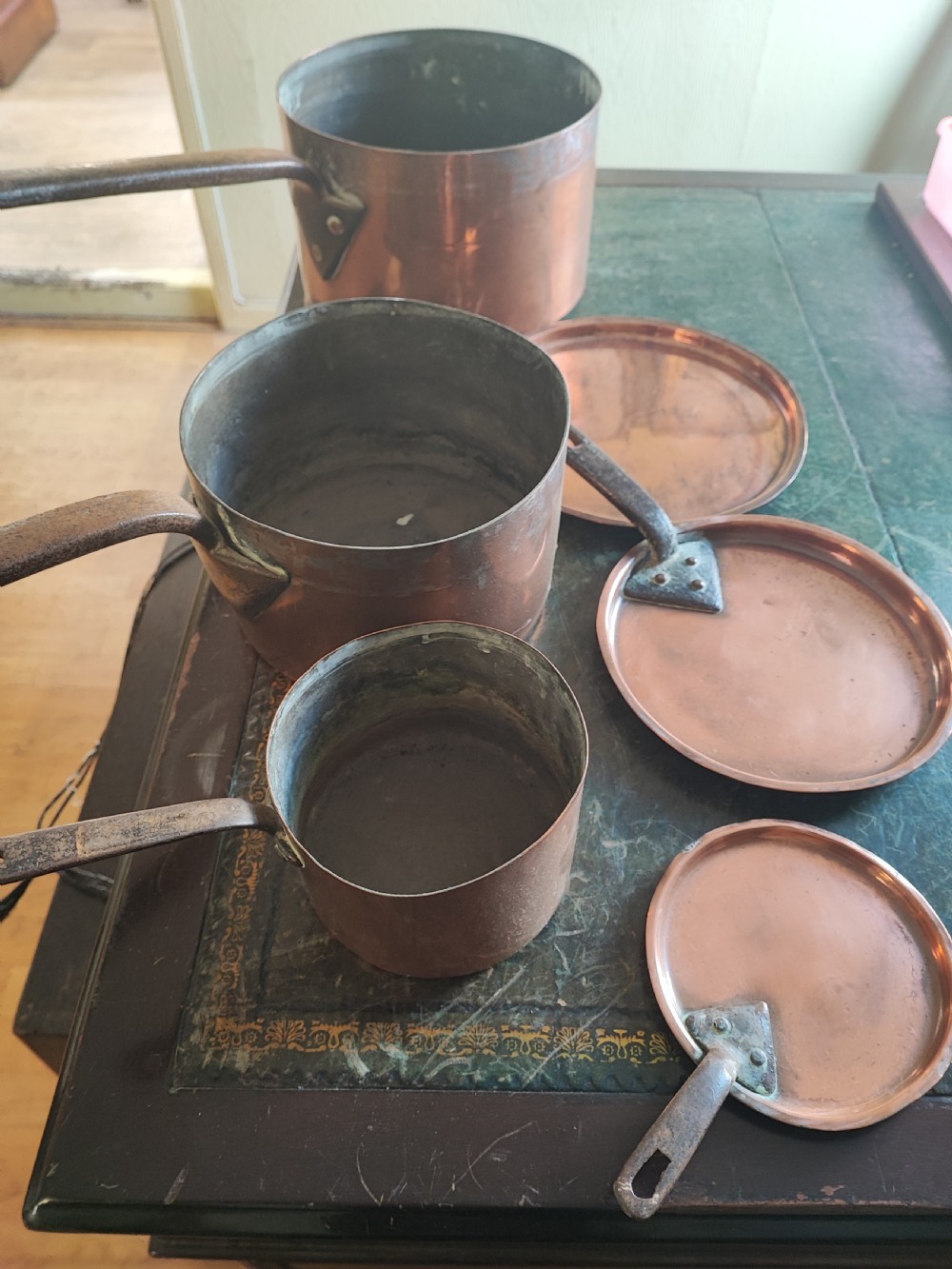 Set of 3 Georgian copper pot with lids.