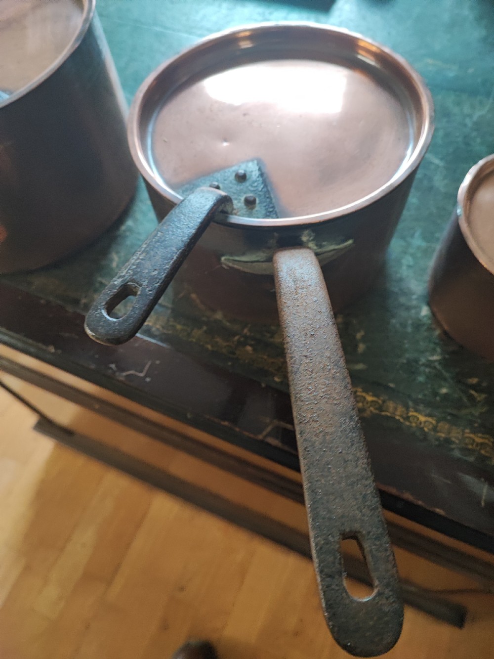 Set of 3 Georgian copper pot with lids. View VII