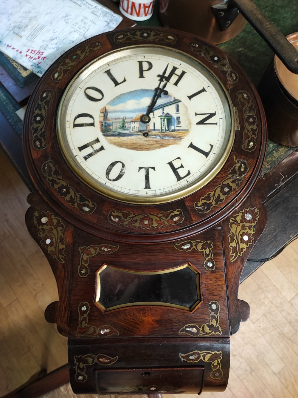 A quality mother of pearl and brass inlaid fusee drop dial wall clock.