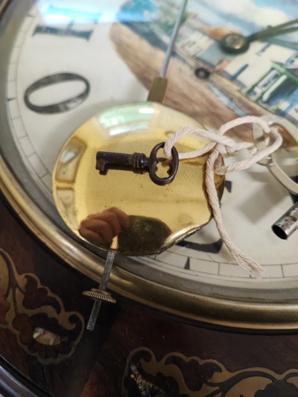 A quality mother of pearl and brass inlaid fusee drop dial wall clock. View II