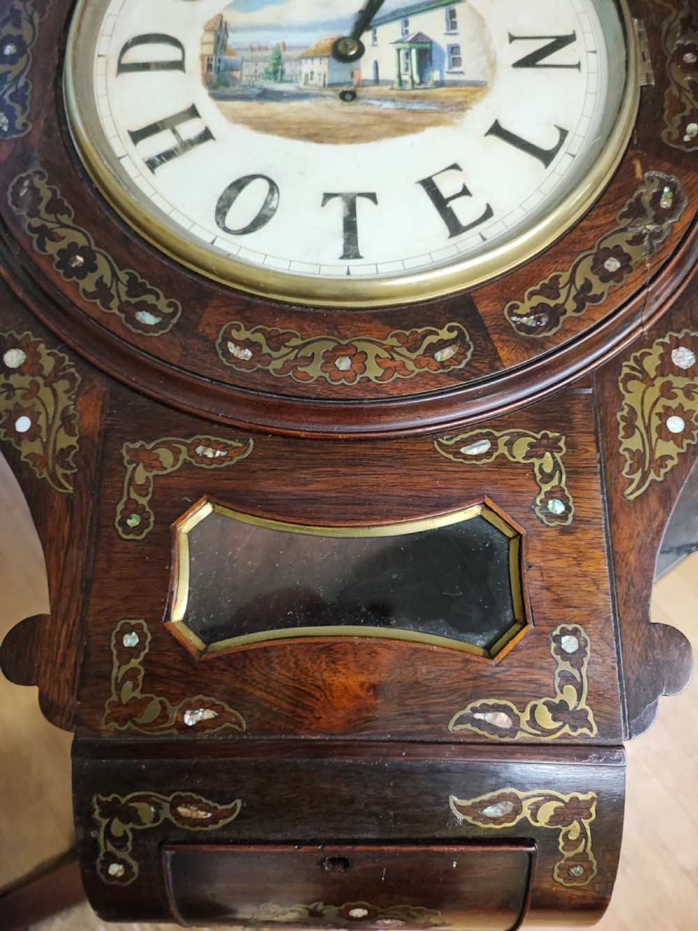 A quality mother of pearl and brass inlaid fusee drop dial wall clock. View III