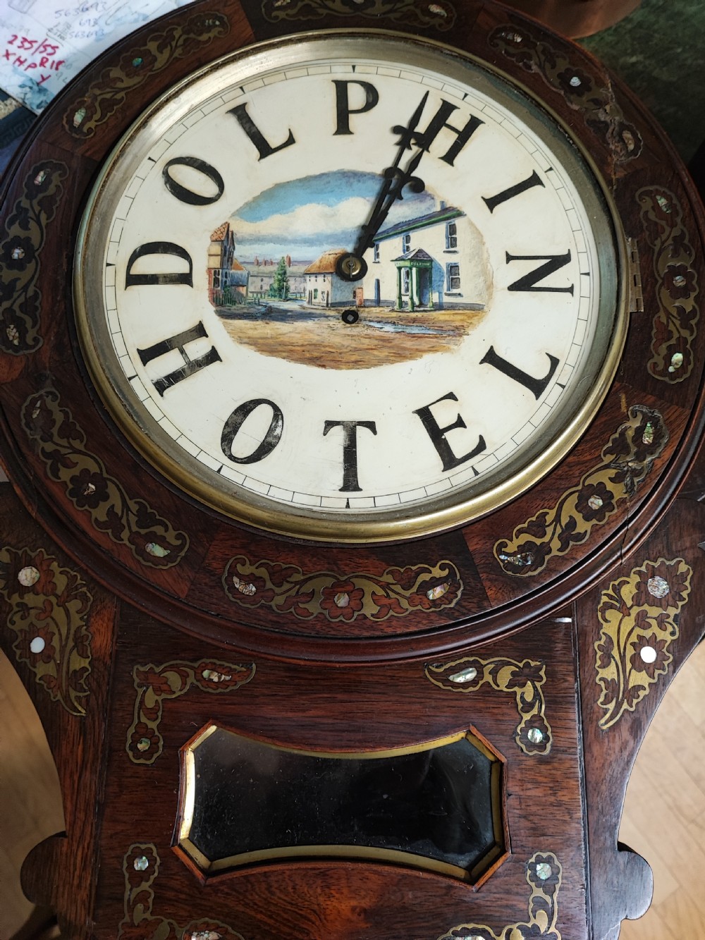 A quality mother of pearl and brass inlaid fusee drop dial wall clock. View IV