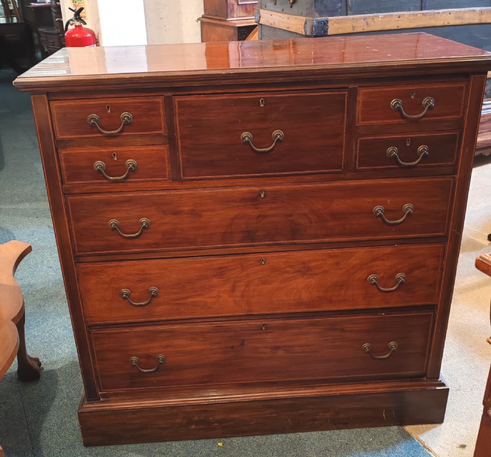 Edwardian inlaid mahogany chest of drawers. View IV