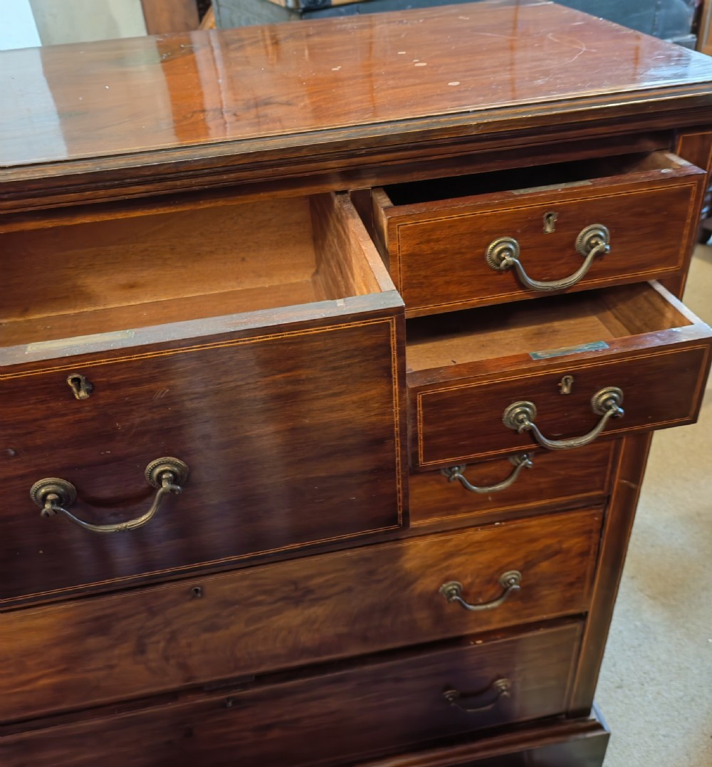 Edwardian inlaid mahogany chest of drawers. View IX