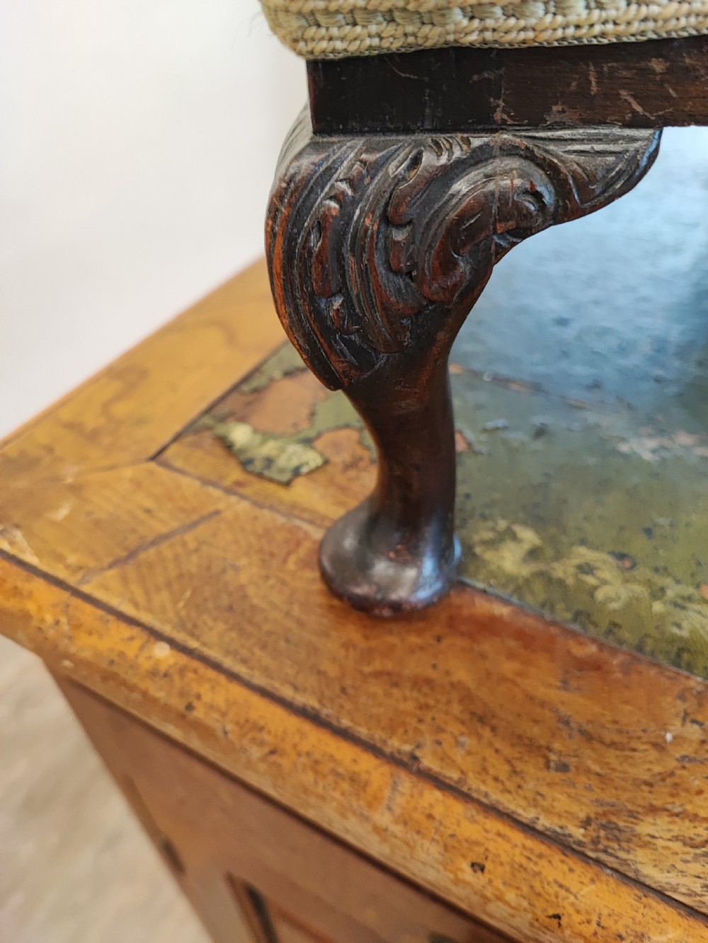 Antique, small mahogany embroidery foot stool. View II