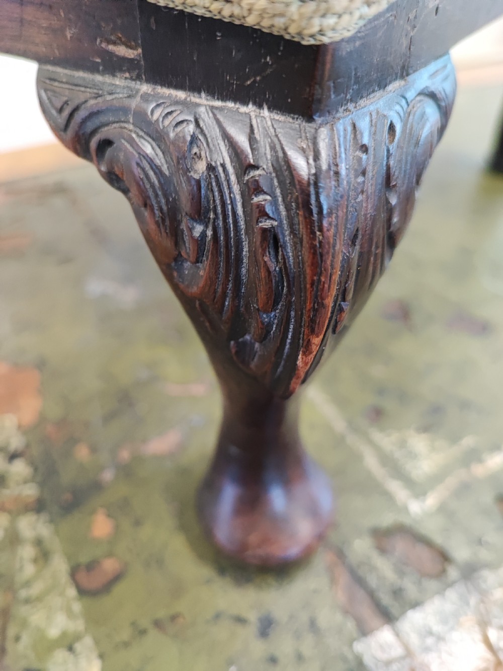 Antique, small mahogany embroidery foot stool. View III