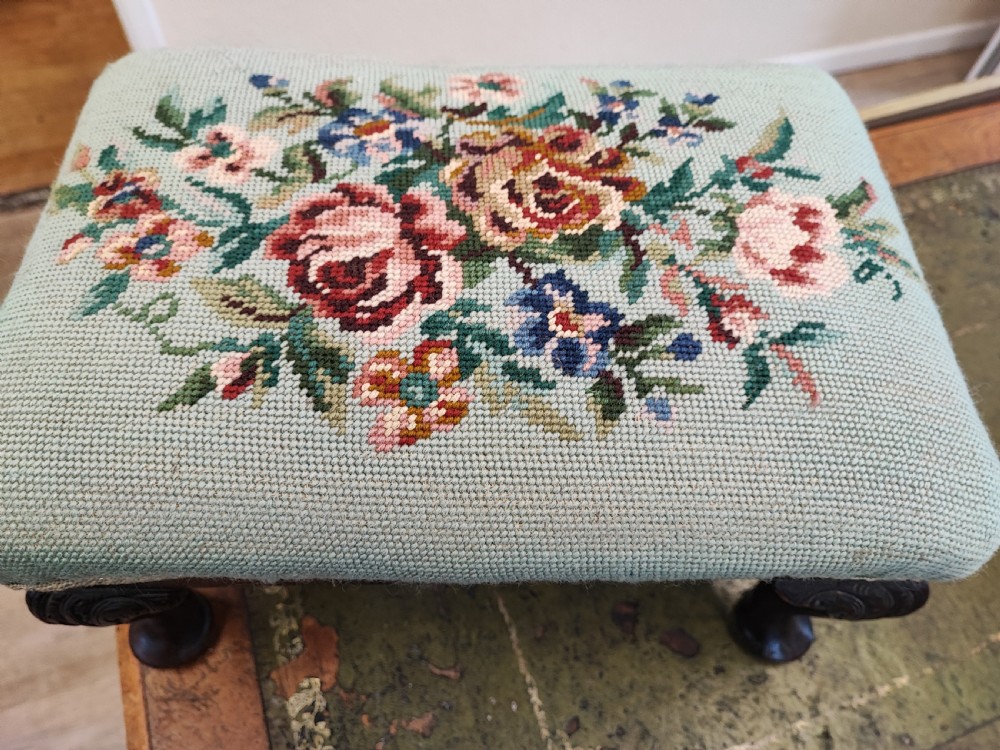 Antique, small mahogany embroidery foot stool. View VII