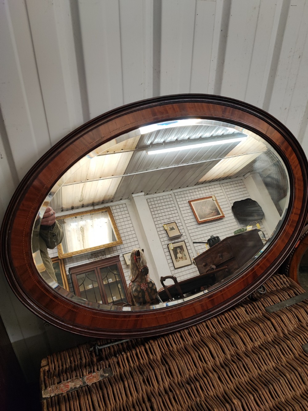 Antique inlaid mahogany oval mirror. View V