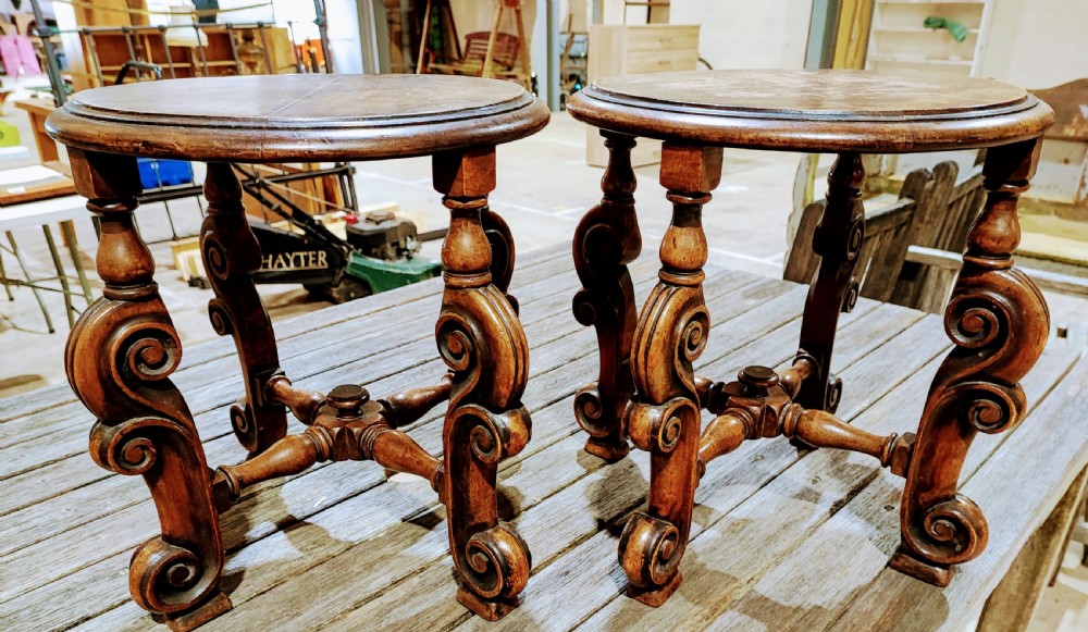 Antique pair of walnut low tables or stands.