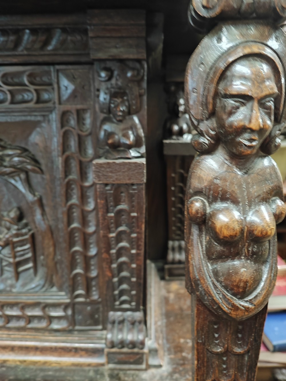 19c carved oak 4 door cupboard. View II