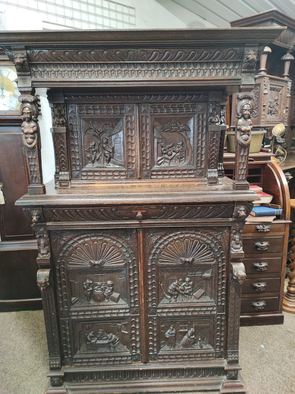 19c carved oak 4 door cupboard. View III