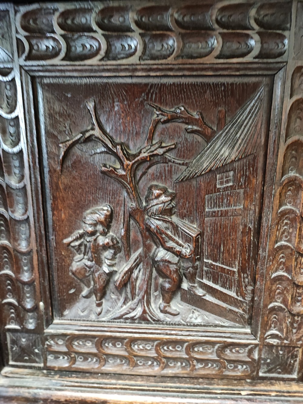19c carved oak 4 door cupboard. View IV