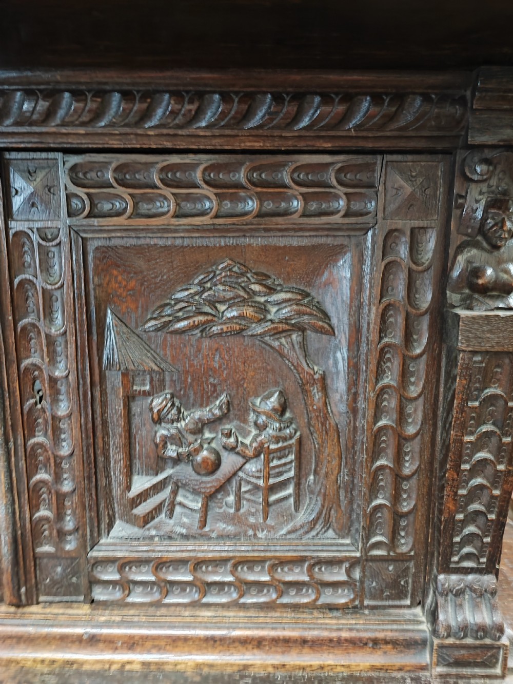 19c carved oak 4 door cupboard. View V