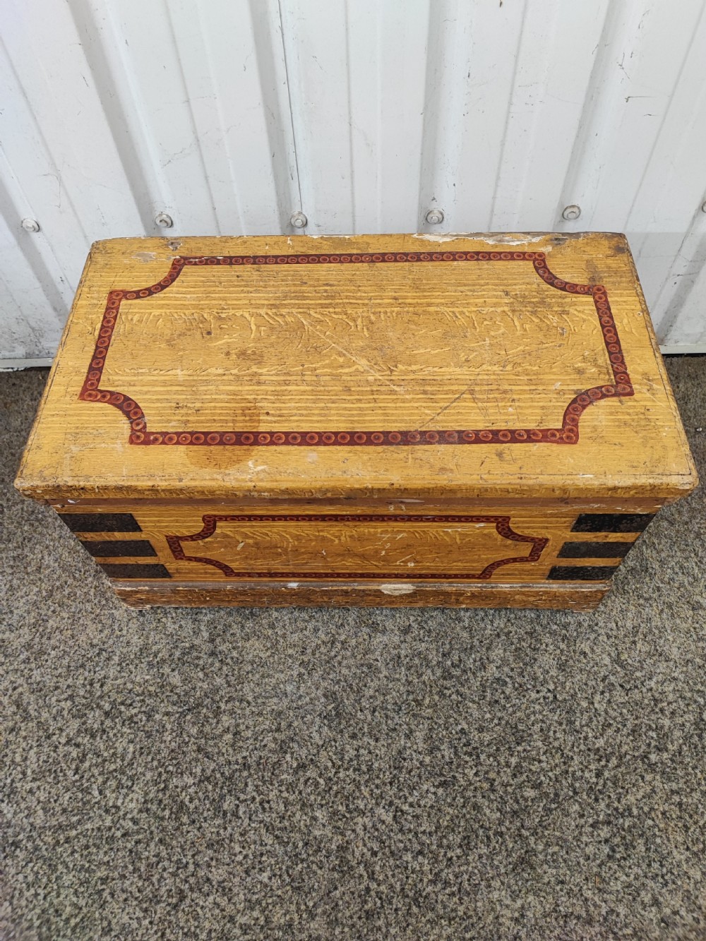 19c small pine trunk with original paintwork. View V