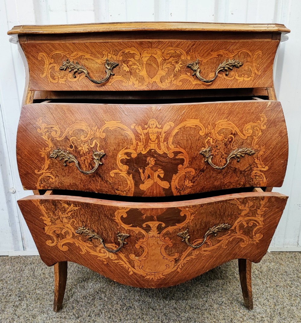 Pretty antique French marquetry bombe chest. View V