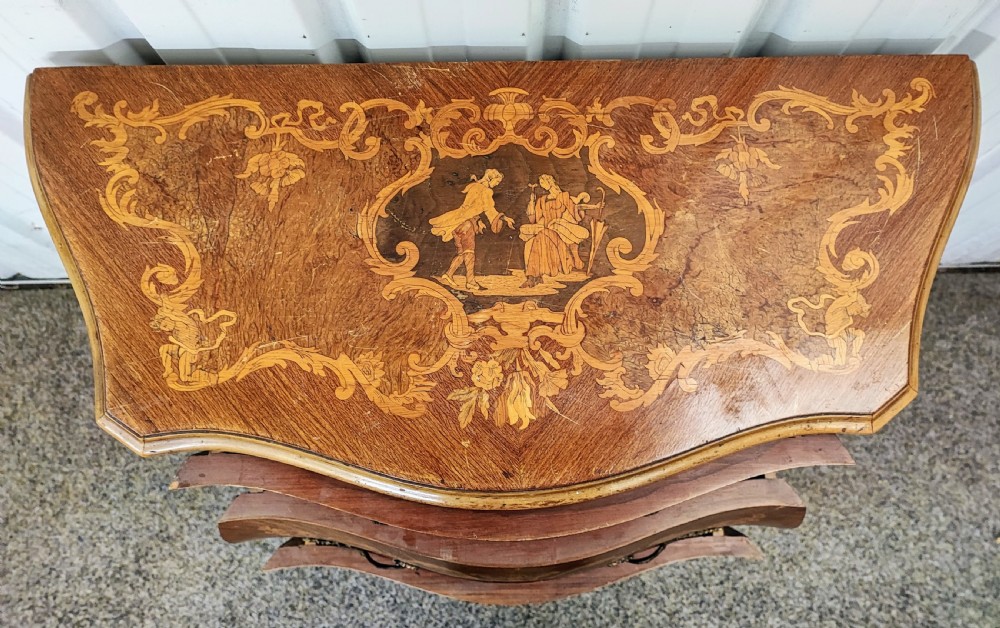 Pretty antique French marquetry bombe chest. View VI