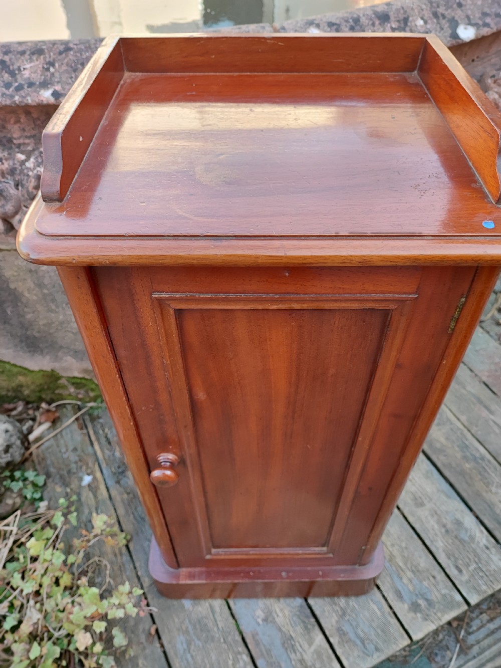 A tall Victorian mahogany bedside cabinet featuring a gallery top, a single recessed panel door with a wooden turned knob, and a solid plinth base. View V