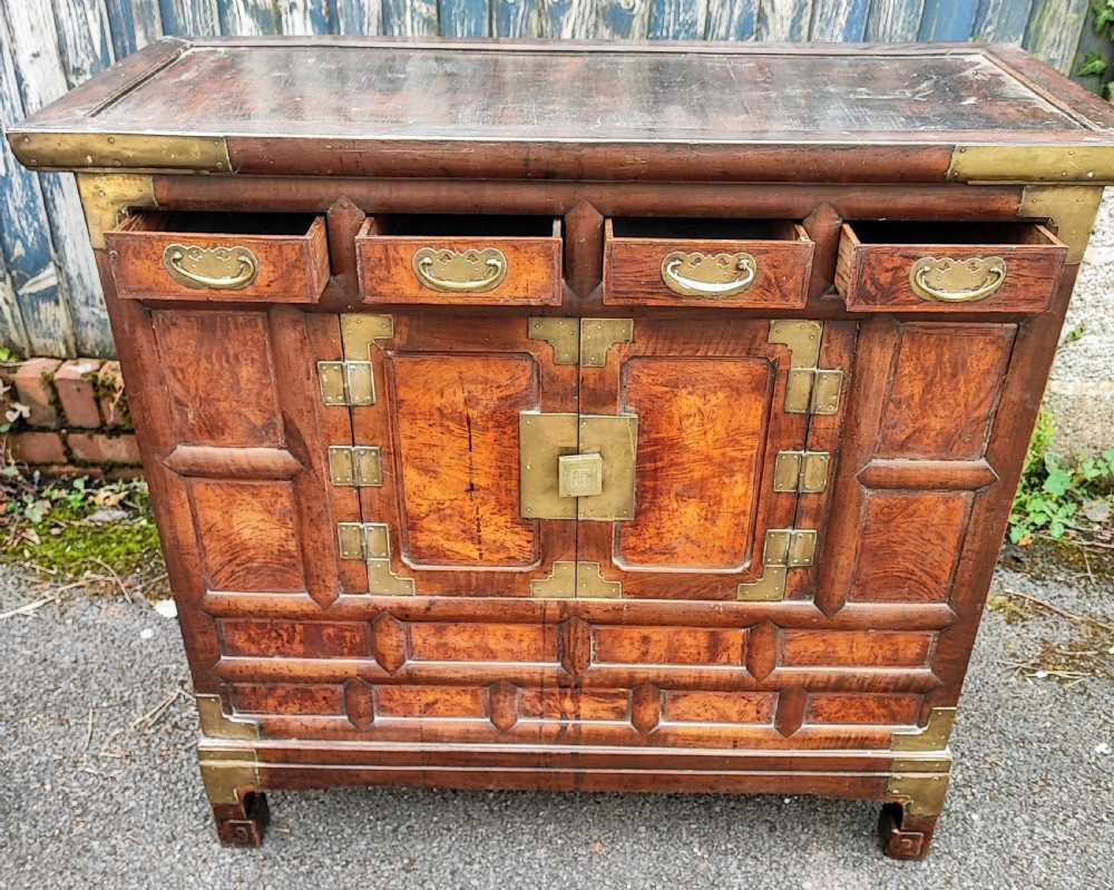 Antique Korean burr elm and brass side cabinet.