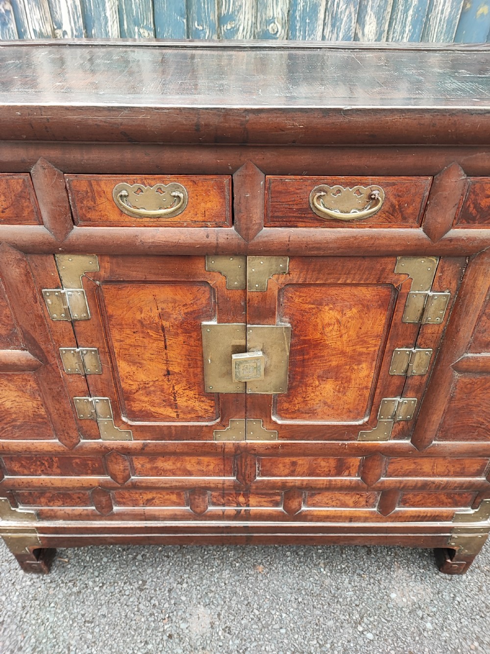 Antique Korean burr elm and brass side cabinet. View VI