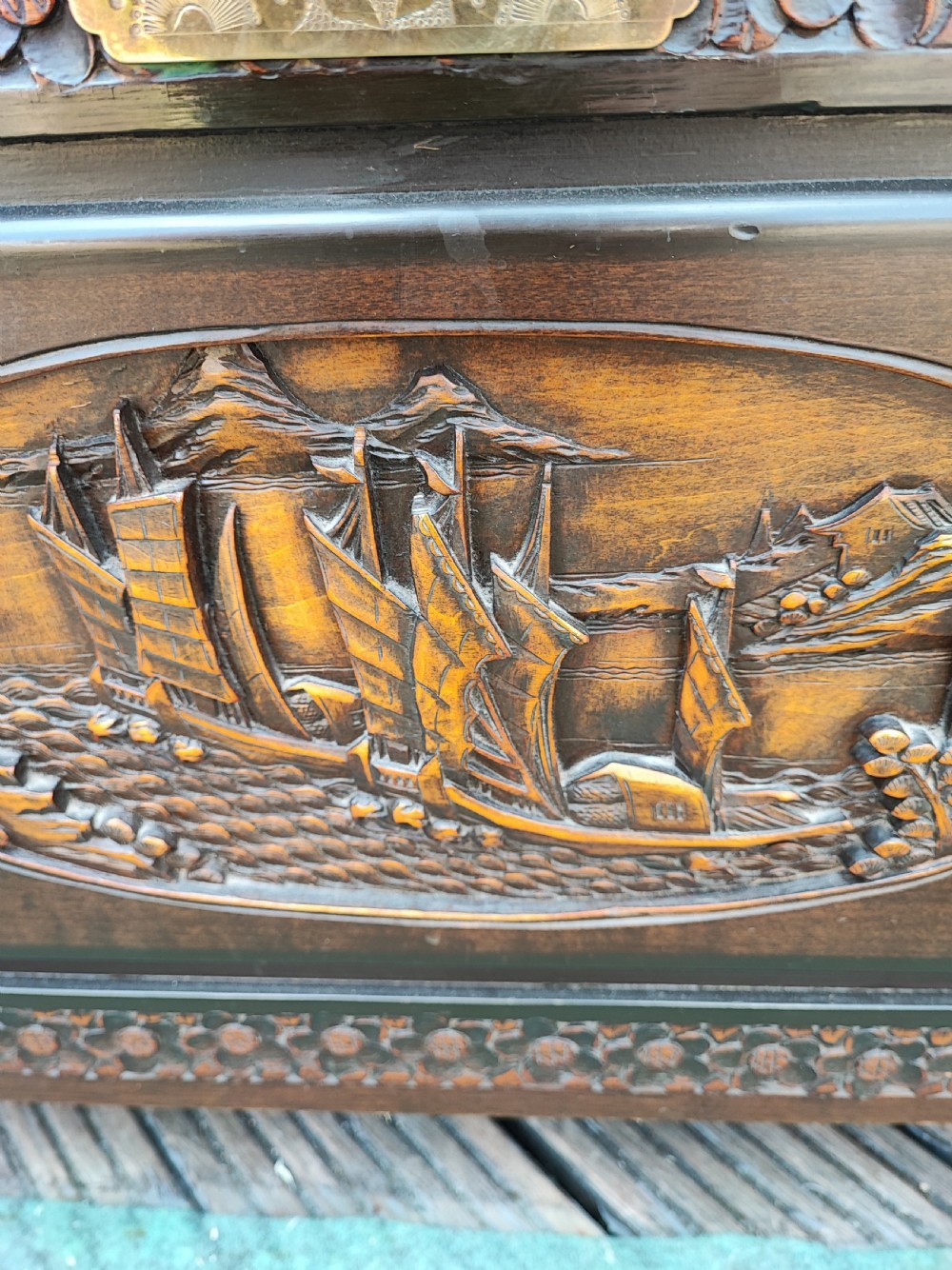 Oriental carved camphor trunk. View II