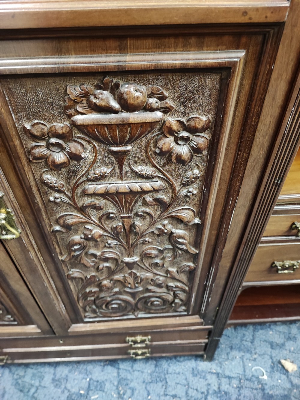 A quality antique mahogany carved open bookcase. View IX