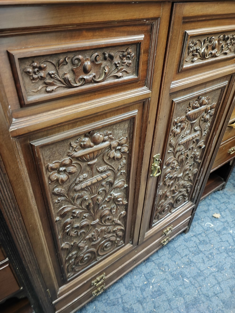 A quality antique mahogany carved open bookcase. View XI