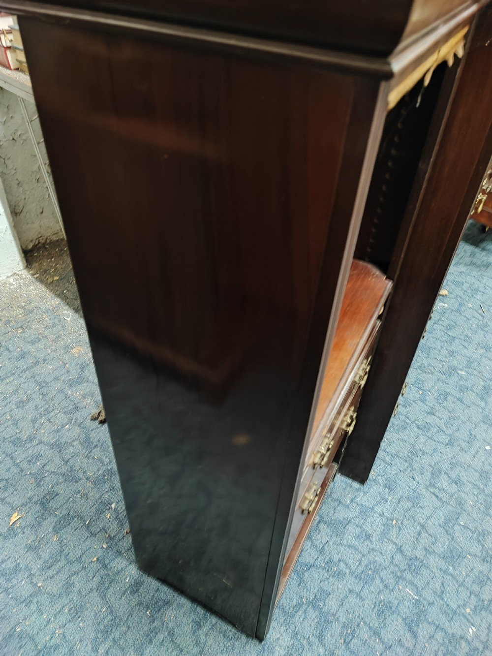 A quality antique mahogany carved open bookcase. View XIV
