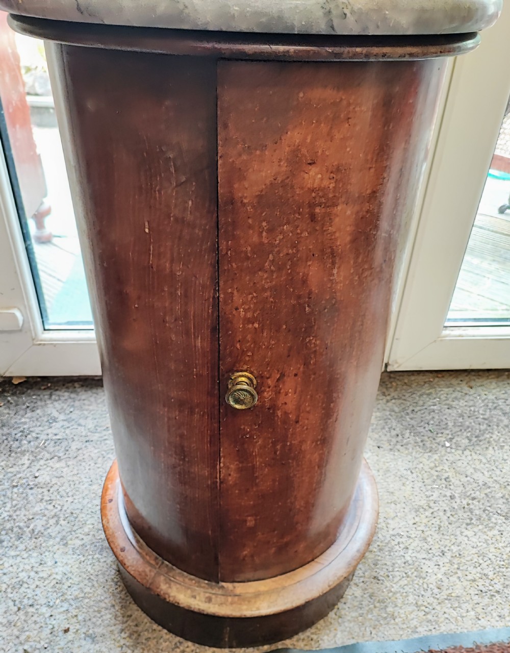 Antique mahogany circular pedestal pot cupboard. View V