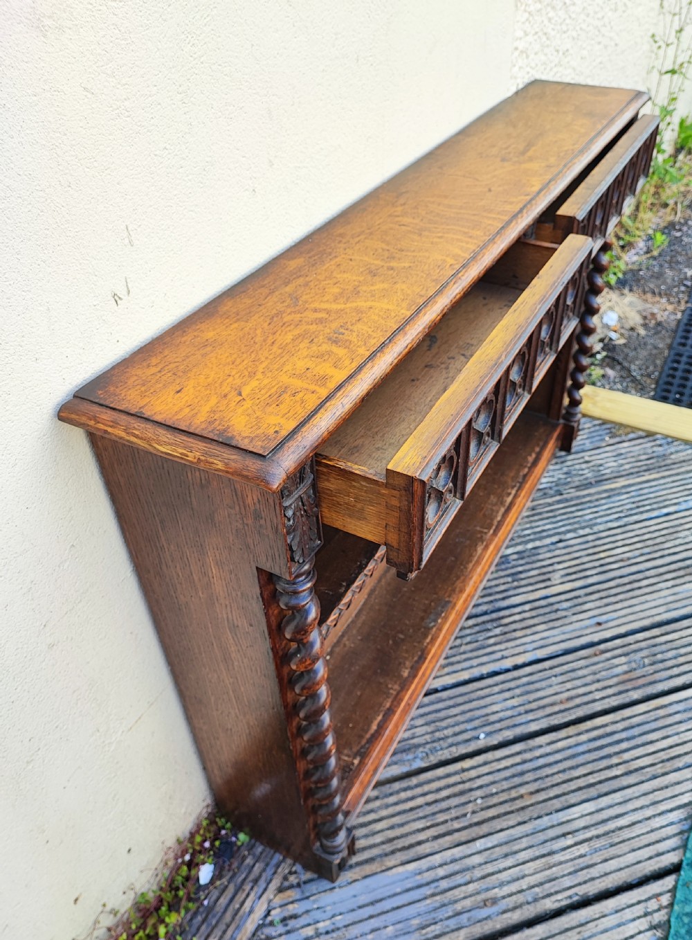 Antique gothic Oak low open bookcase. View V